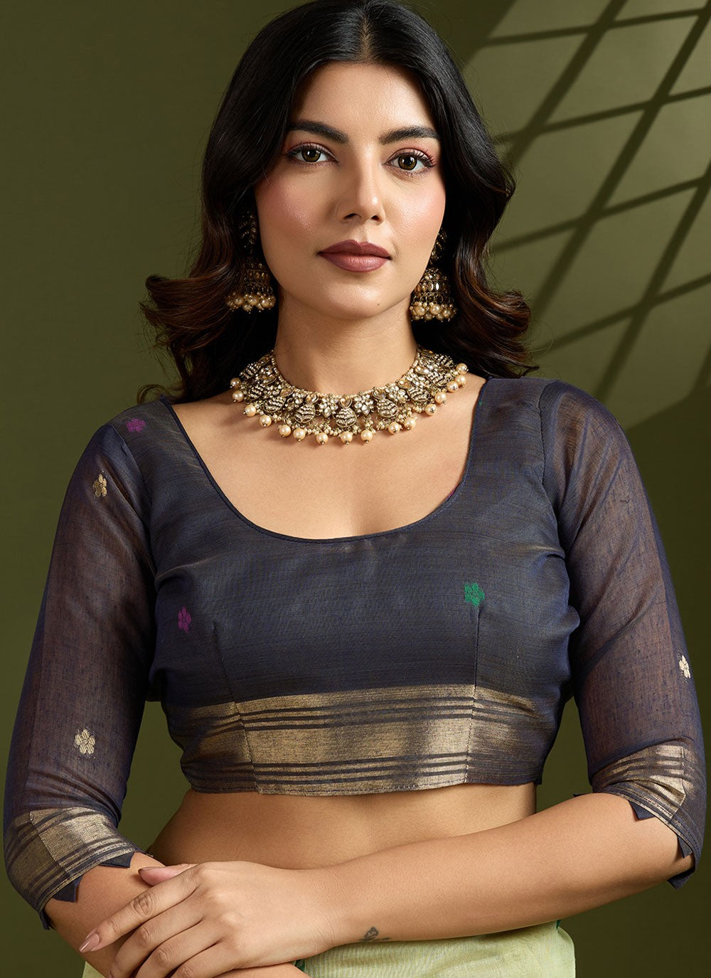 Green Cotton Trendy Saree Floral Printed, Thread, Woven, Zari S17572