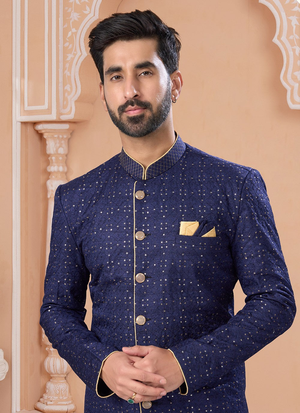 Fancy Work Banglori Silk Navy Blue Indo Western Sherwani - M7137