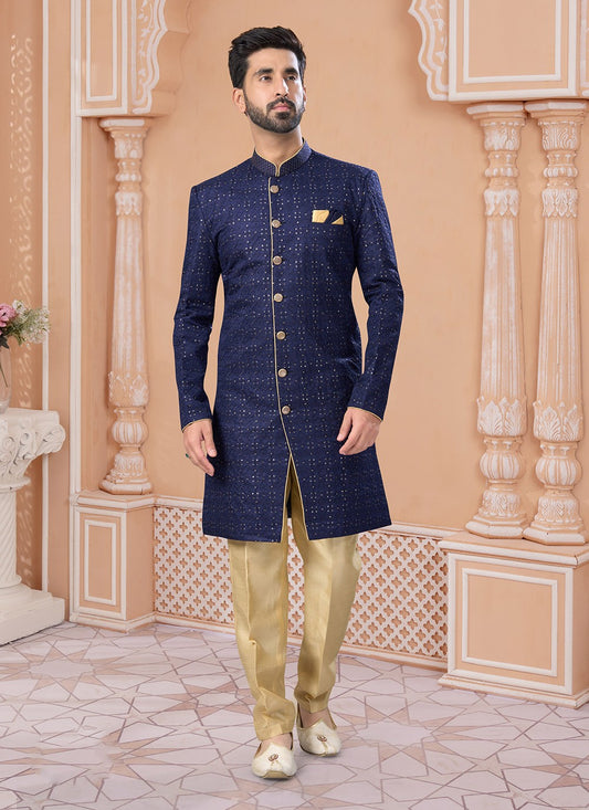 Fancy Work Banglori Silk Navy Blue Indo Western Sherwani - M7137
