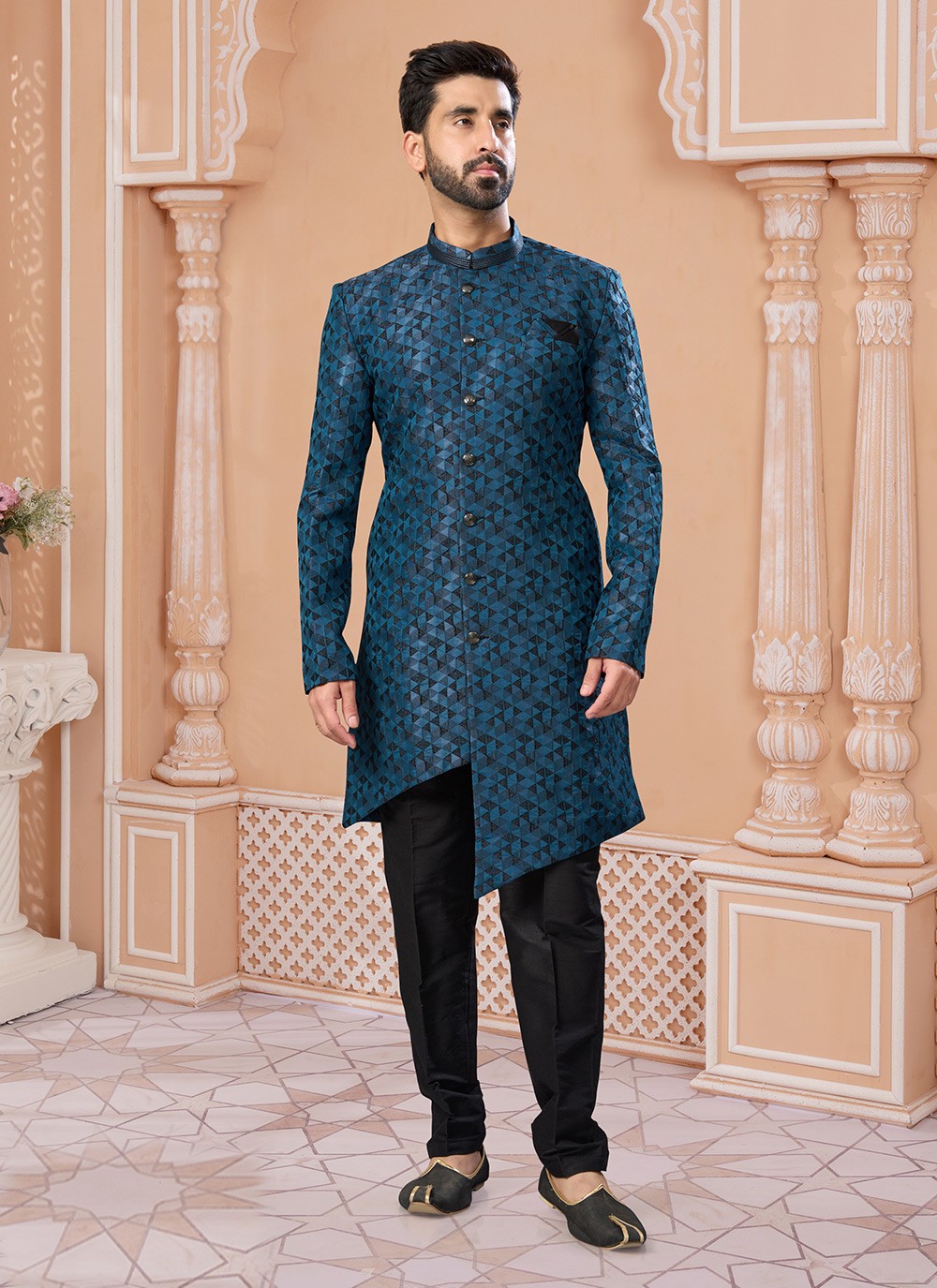 Thread Jacquard Black, Blue Indo Western Sherwani - M6893