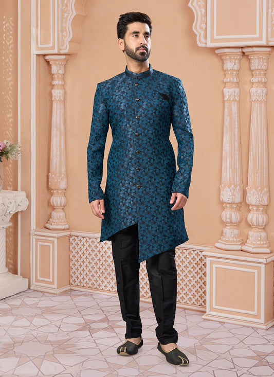 Thread Jacquard Black, Blue Indo Western Sherwani - M6893