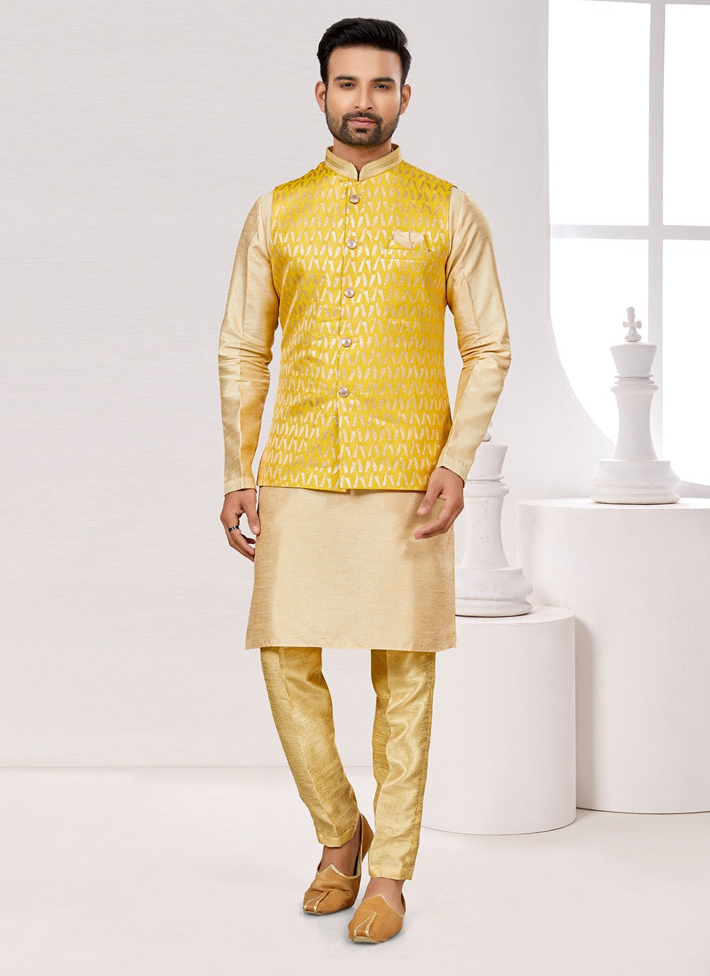 Thread Jacquard Yellow Kurta Payjama With Jacket - M6707