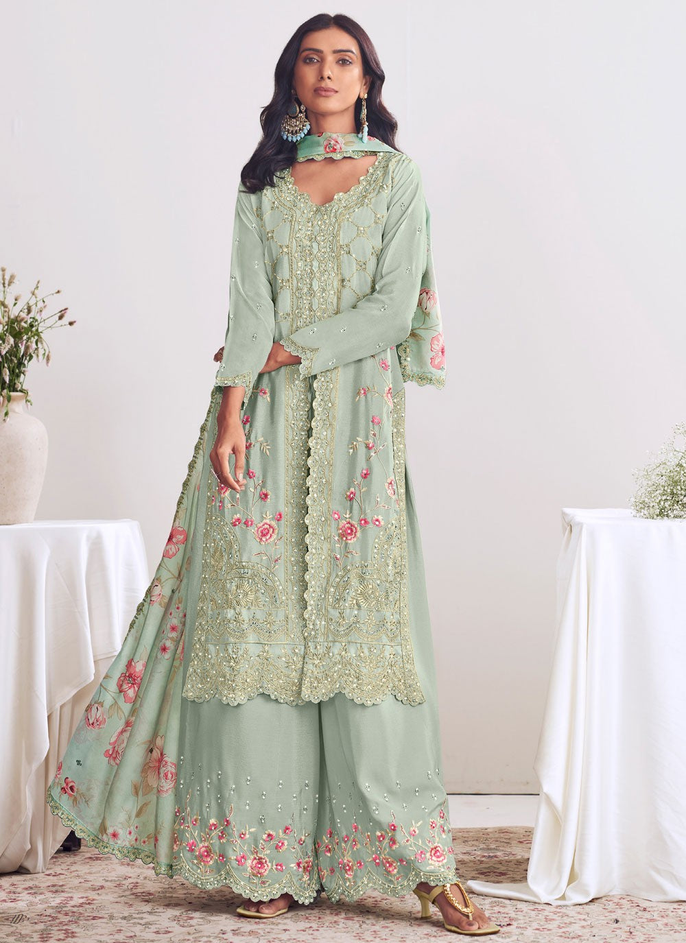Palazzo Suit Embroidered, Thread Sea Green T8509