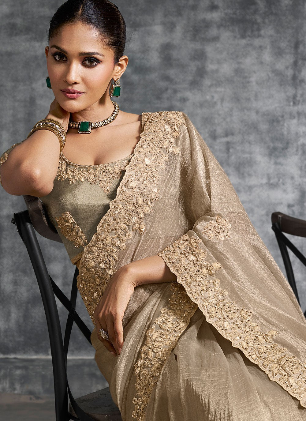 Beige Tissue Trendy Saree Embroidered, Resham, Thread S19895