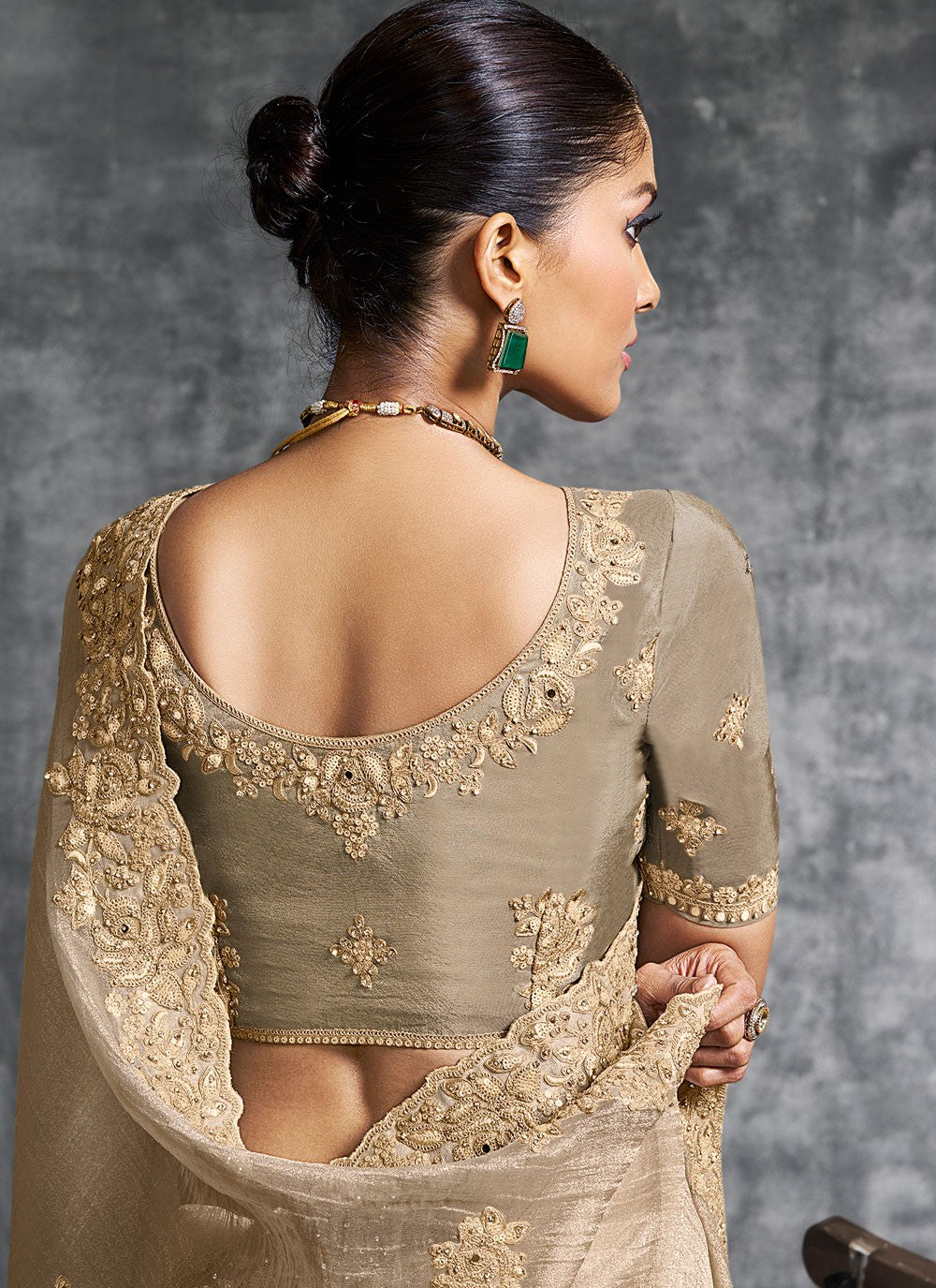 Beige Tissue Trendy Saree Embroidered, Resham, Thread S19895