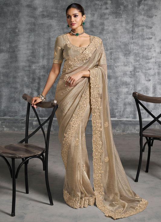Beige Tissue Trendy Saree Embroidered, Resham, Thread S19895