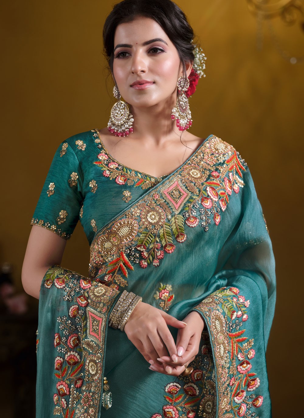 Contemporary Embroidered Blue Tissue Saree S12632
