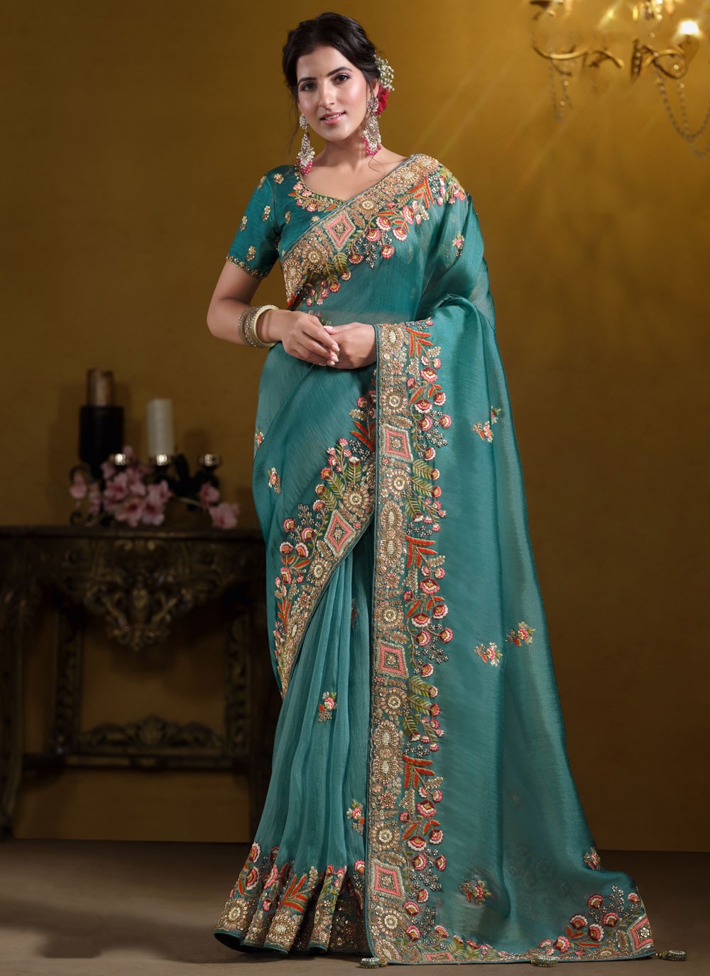 Contemporary Embroidered Blue Tissue Saree S12632