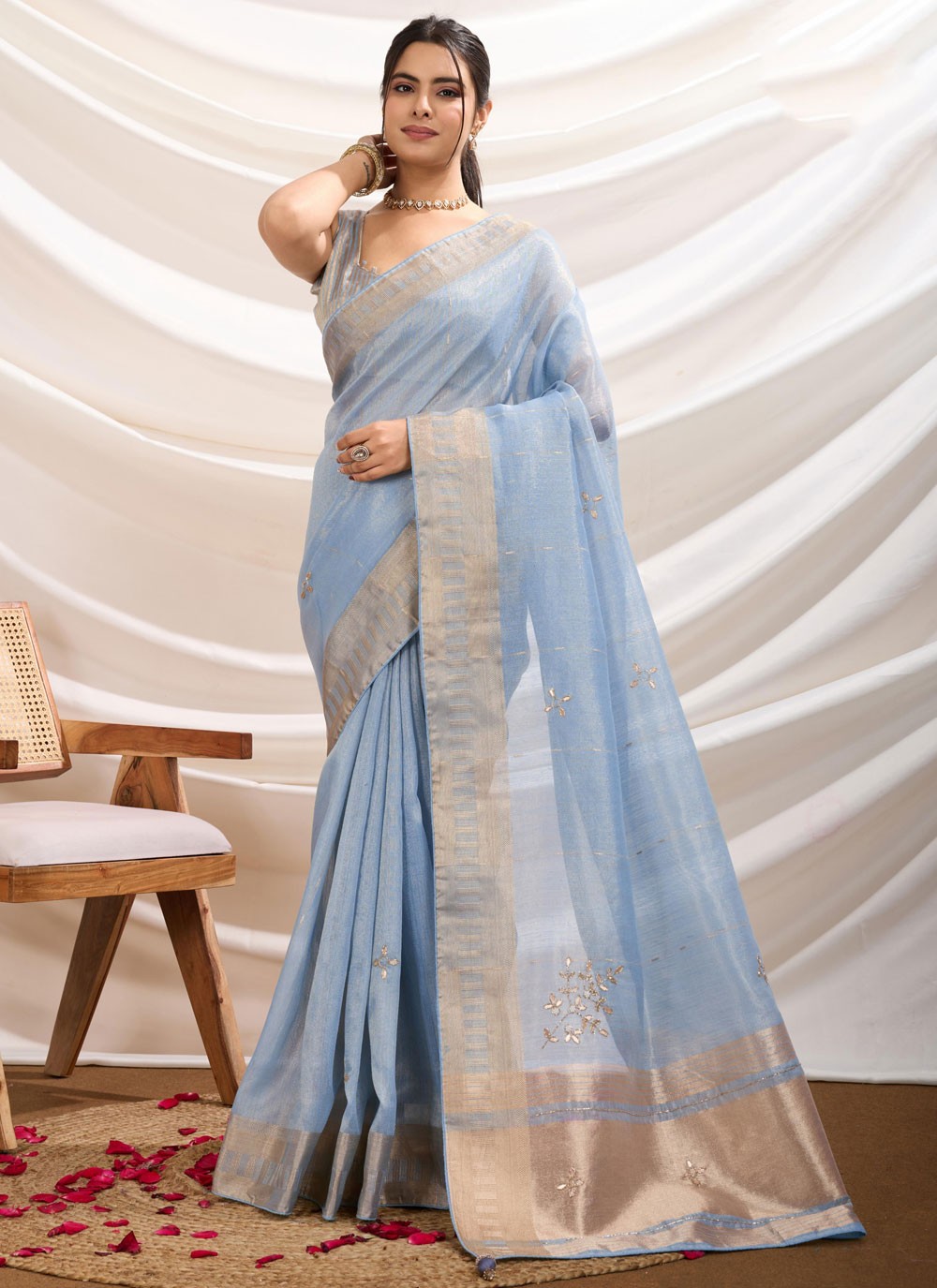 Embroidered Linen Blue Traditional Saree S14850