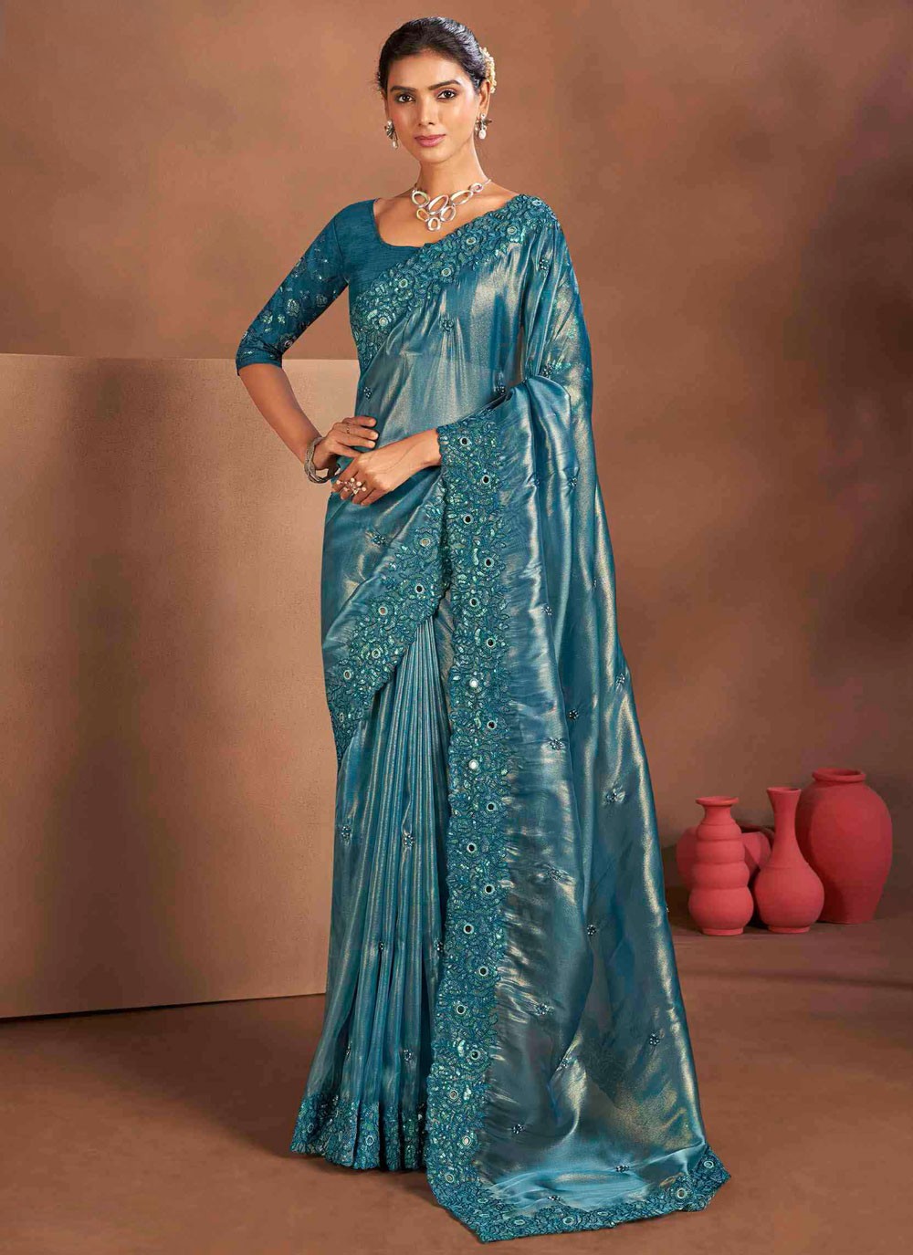Trendy Saree Embroidered Blue Silk Saree S13387