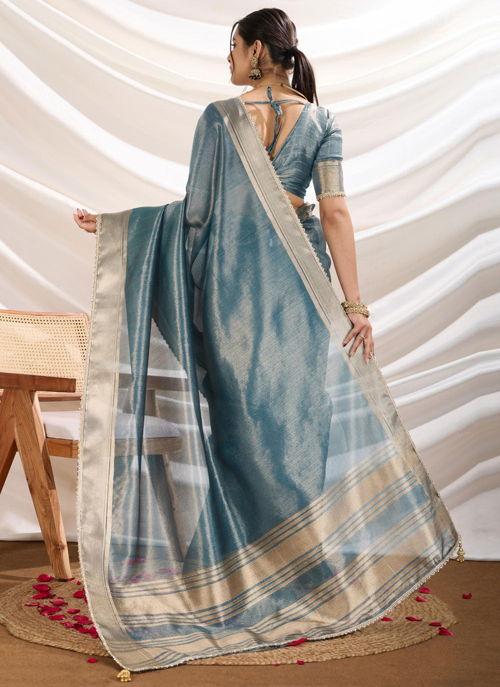 Fancy Work Linen Blue Contemporary Saree S15366