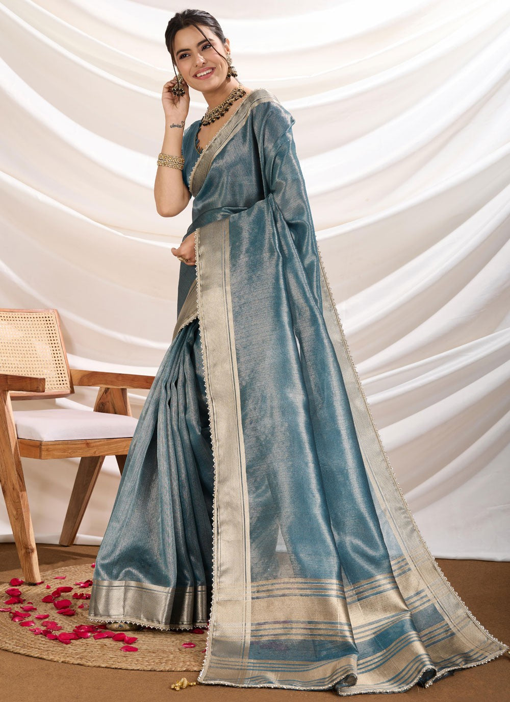 Fancy Work Linen Blue Contemporary Saree S15366