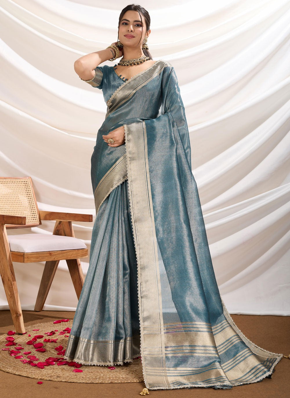 Fancy Work Linen Blue Contemporary Saree S15366