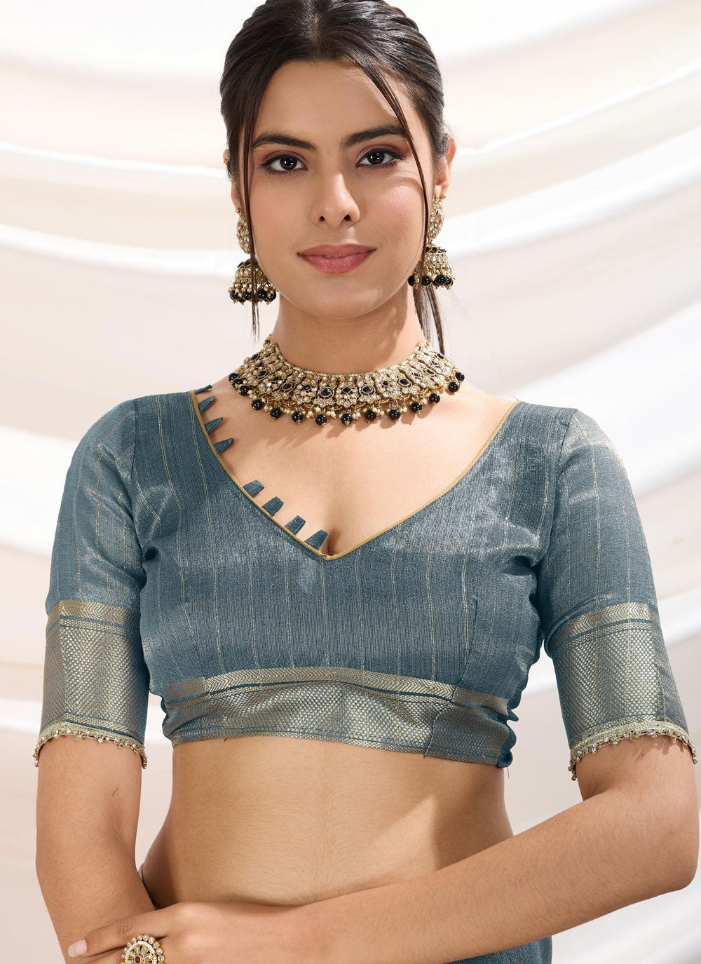 Fancy Work Linen Blue Contemporary Saree S15366