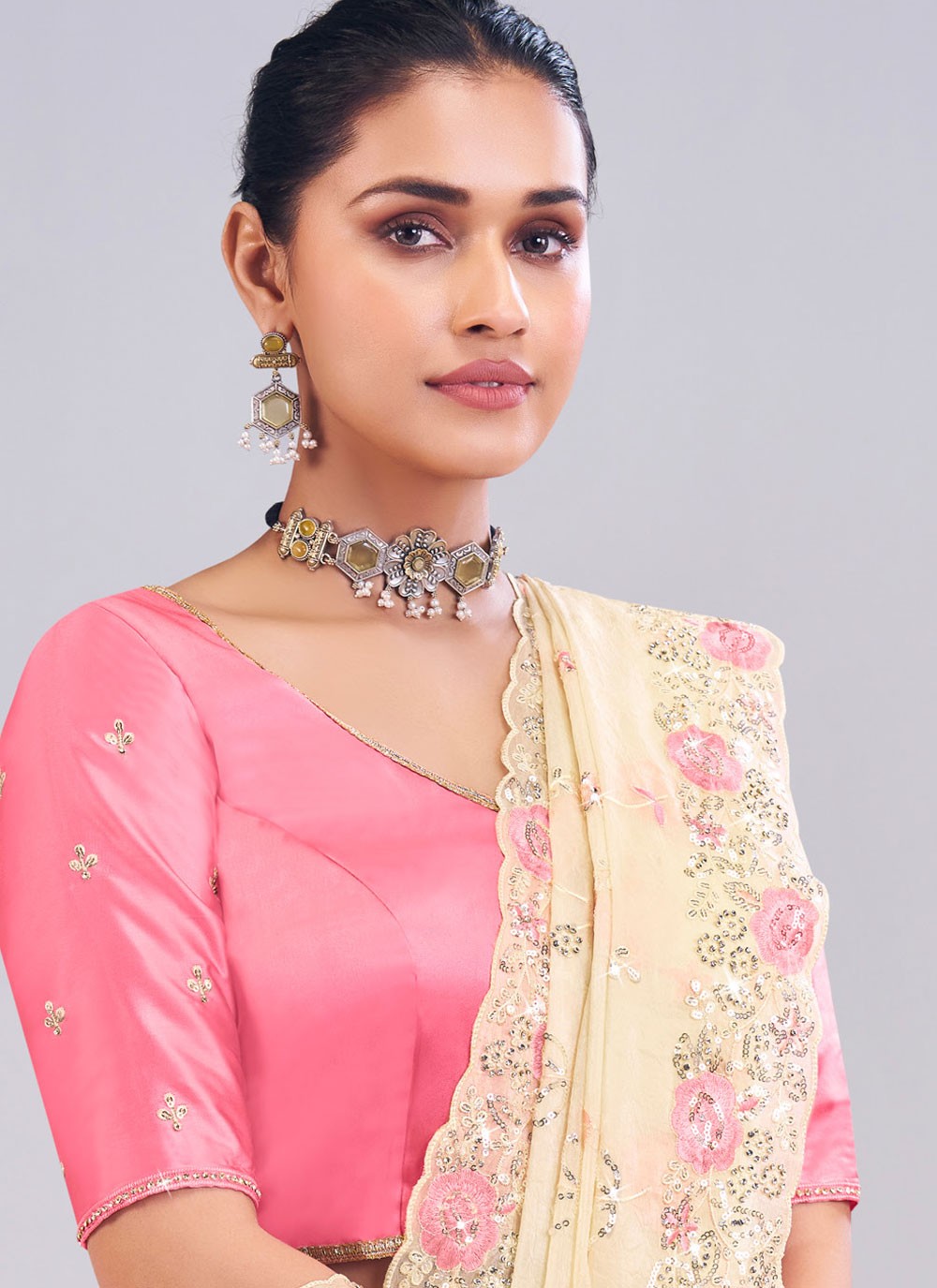 Cream Silk Classic Saree Fancy Work S19878