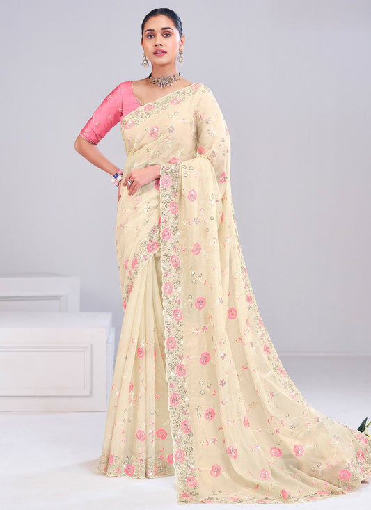 Cream Silk Classic Saree Fancy Work S19878