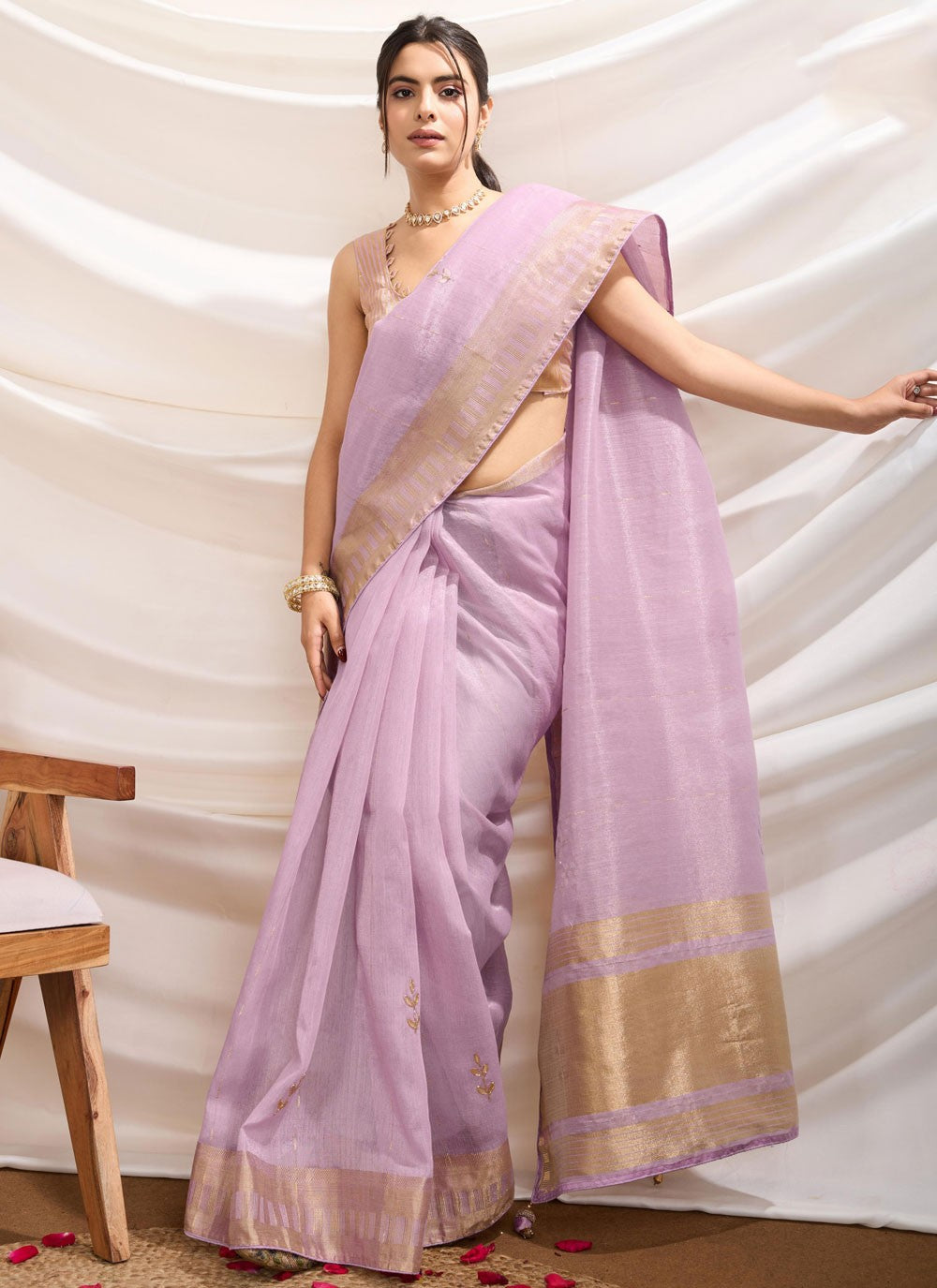 Embroidered Linen Lavender Classic Saree S14847