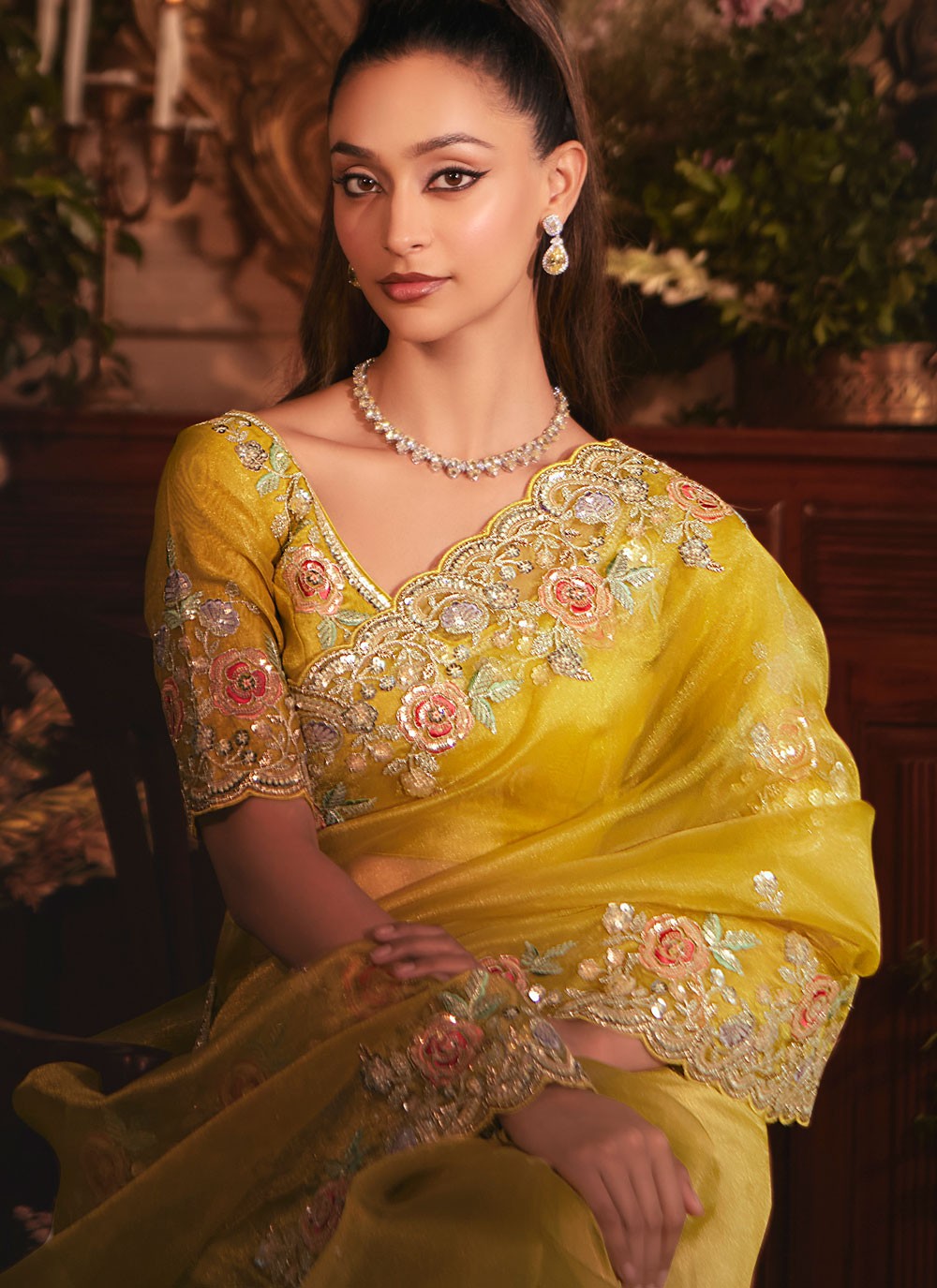 Yellow Organza Contemporary Saree Border Work, Cut Work, Embroidered, Sequins, Zari S19408