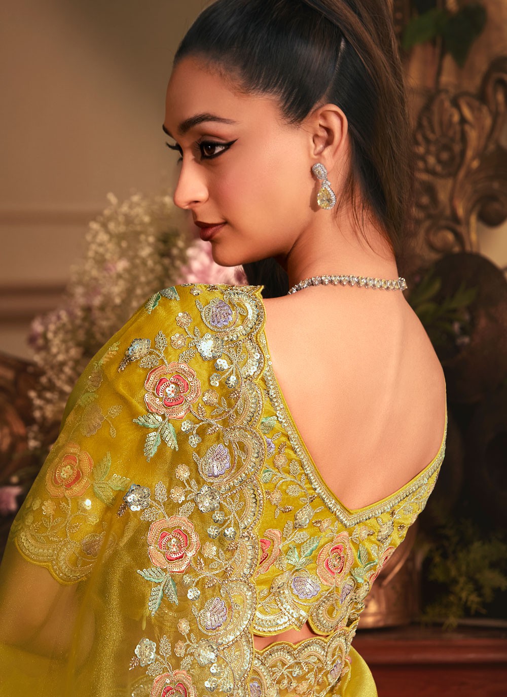 Yellow Organza Contemporary Saree Border Work, Cut Work, Embroidered, Sequins, Zari S19408