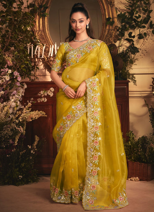Yellow Organza Contemporary Saree Border Work, Cut Work, Embroidered, Sequins, Zari S19408