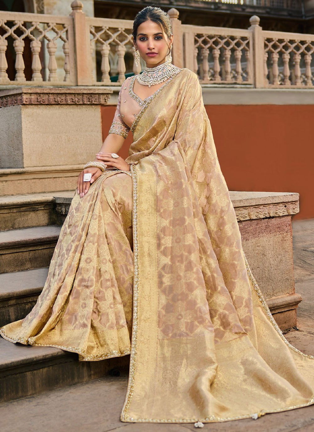 Cream Tissue Contemporary Saree Beads S19772