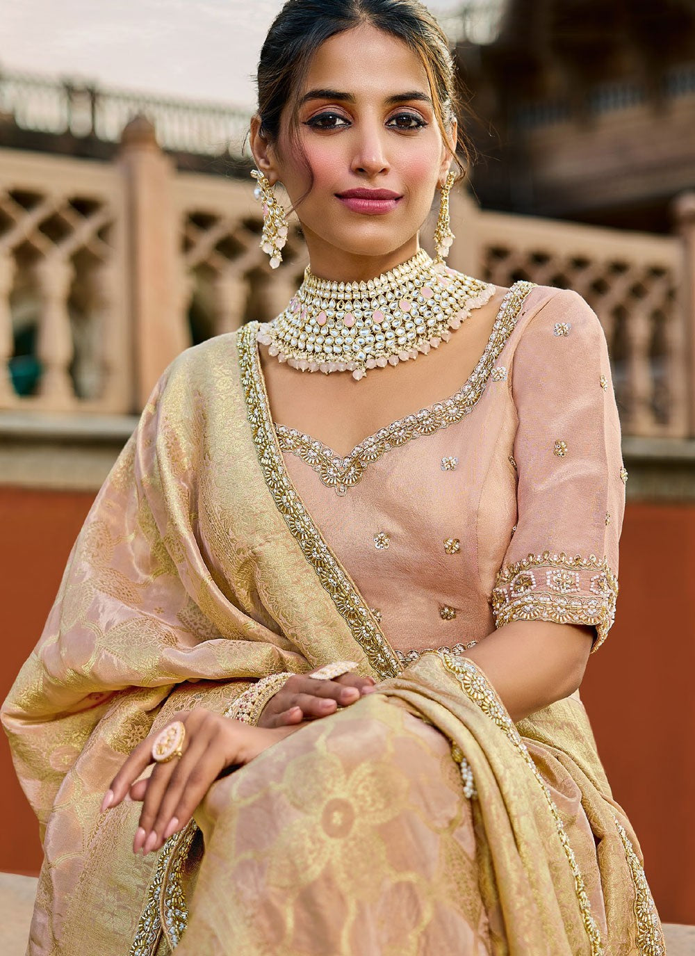 Cream Tissue Contemporary Saree Beads S19772