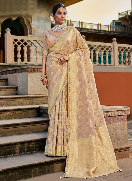 Cream Tissue Contemporary Saree Beads S19772