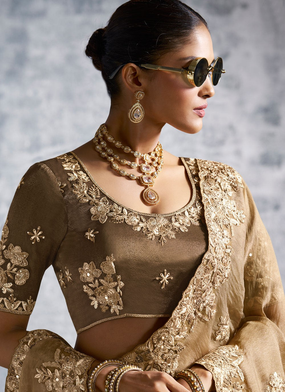 Beige Tissue Contemporary Saree Embroidered, Resham, Thread S19887