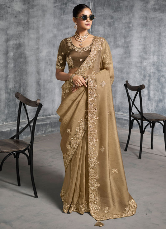 Beige Tissue Contemporary Saree Embroidered, Resham, Thread S19887