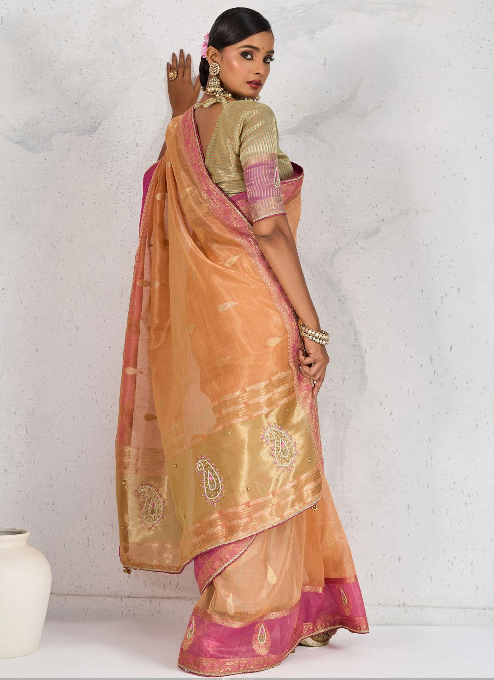 Peach Linen Designer Saree Buttis, Cutdana, Woven, Zardosi, Zari S17575