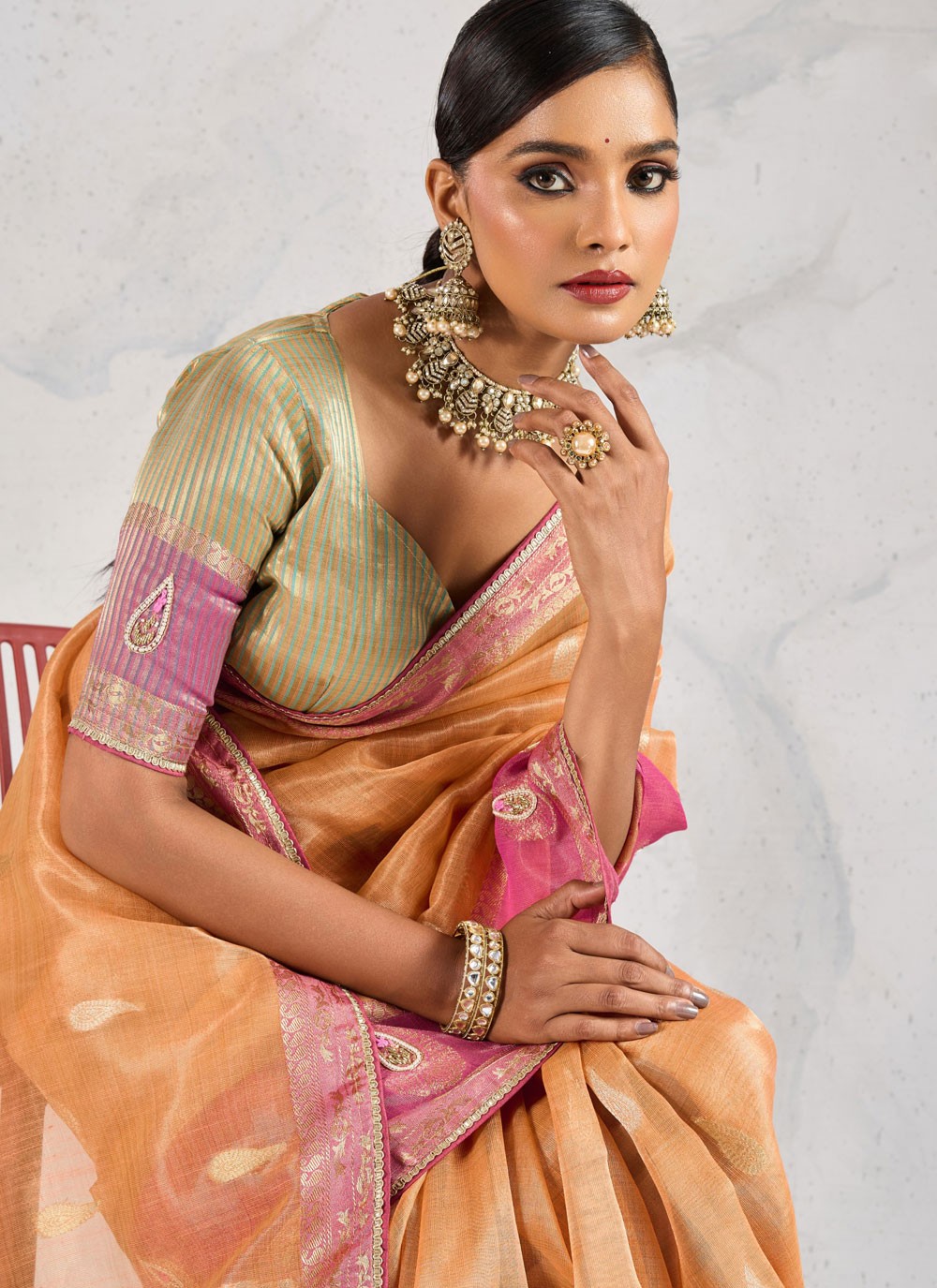 Peach Linen Designer Saree Buttis, Cutdana, Woven, Zardosi, Zari S17575