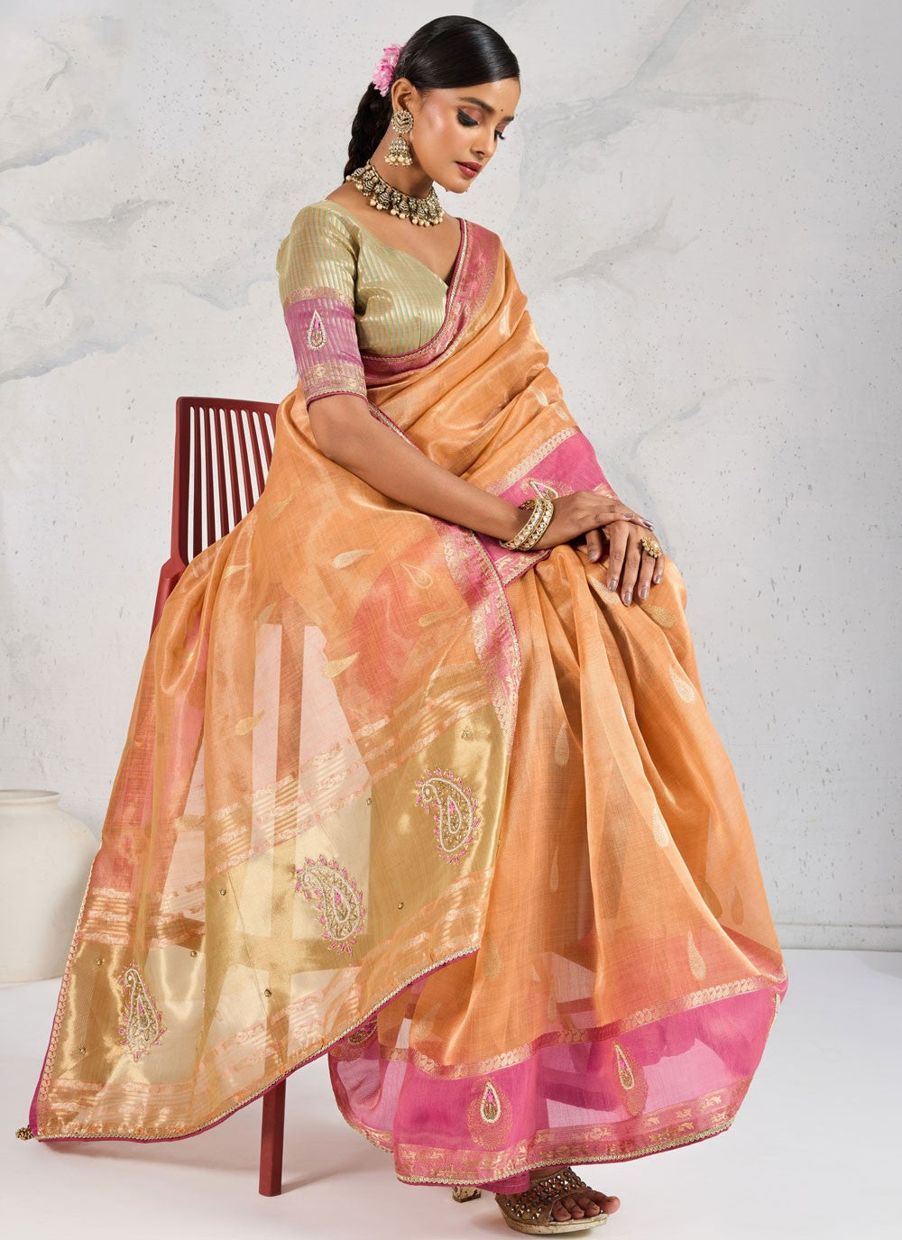 Peach Linen Designer Saree Buttis, Cutdana, Woven, Zardosi, Zari S17575