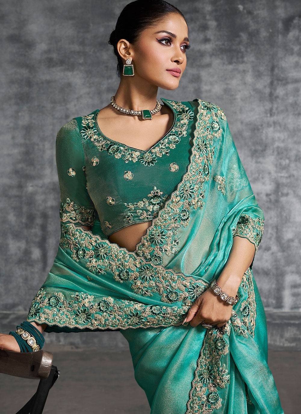 Sea Green Tissue Classic Saree Embroidered, Resham, Thread S19893