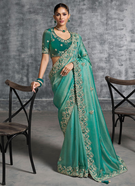 Sea Green Tissue Classic Saree Embroidered, Resham, Thread S19893