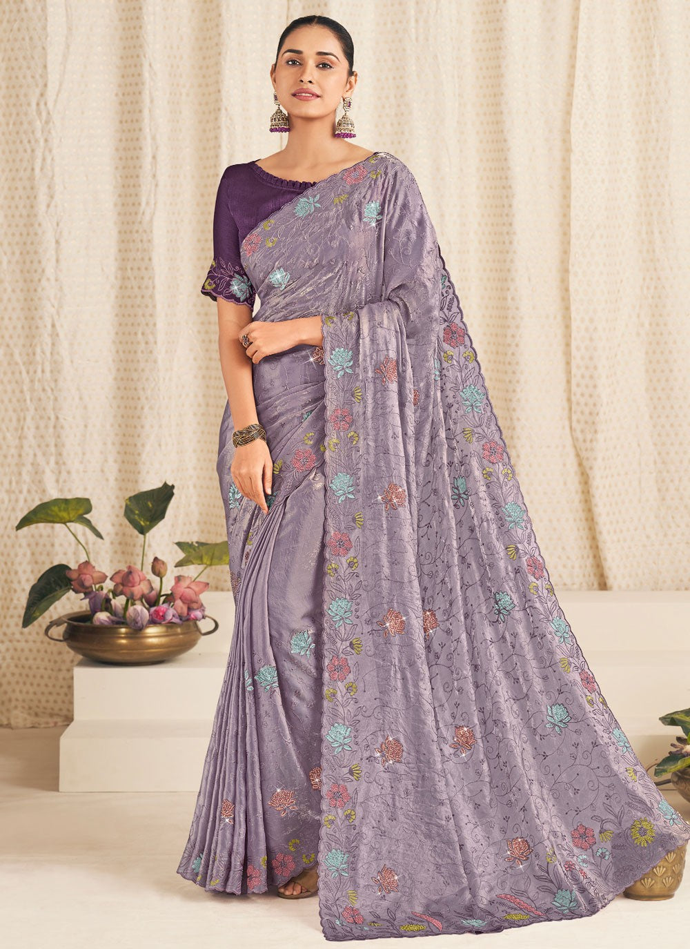 Purple Silk Contemporary Saree Embroidered S19920