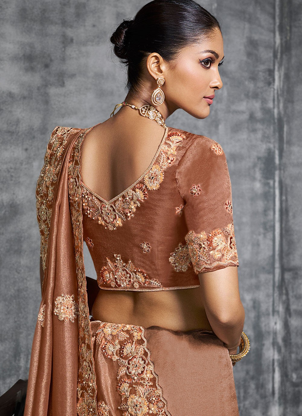 Brown Tissue Traditional Saree Embroidered, Resham, Thread S19891