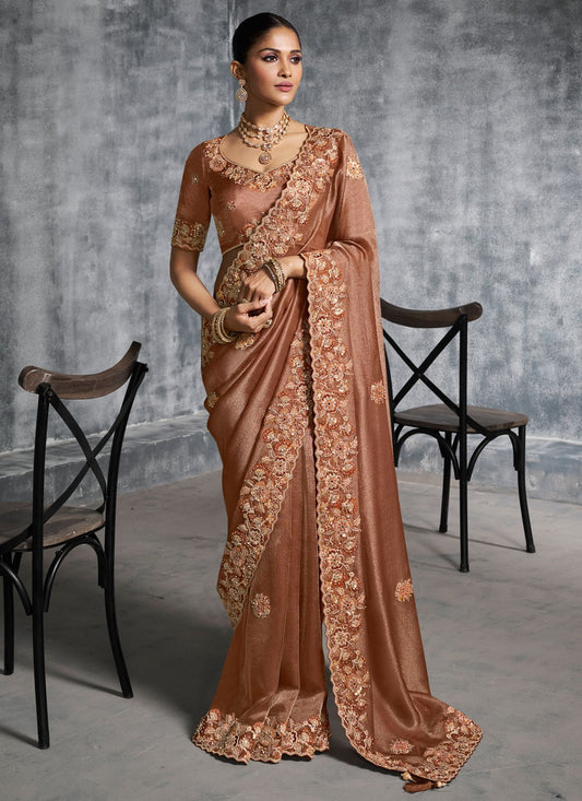 Brown Tissue Traditional Saree Embroidered, Resham, Thread S19891