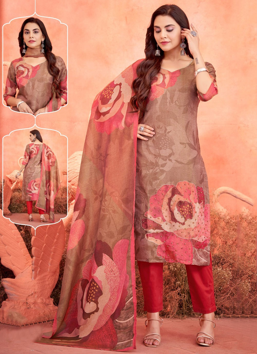 Pant Style Suit Embroidered Brown Shimmer T5148