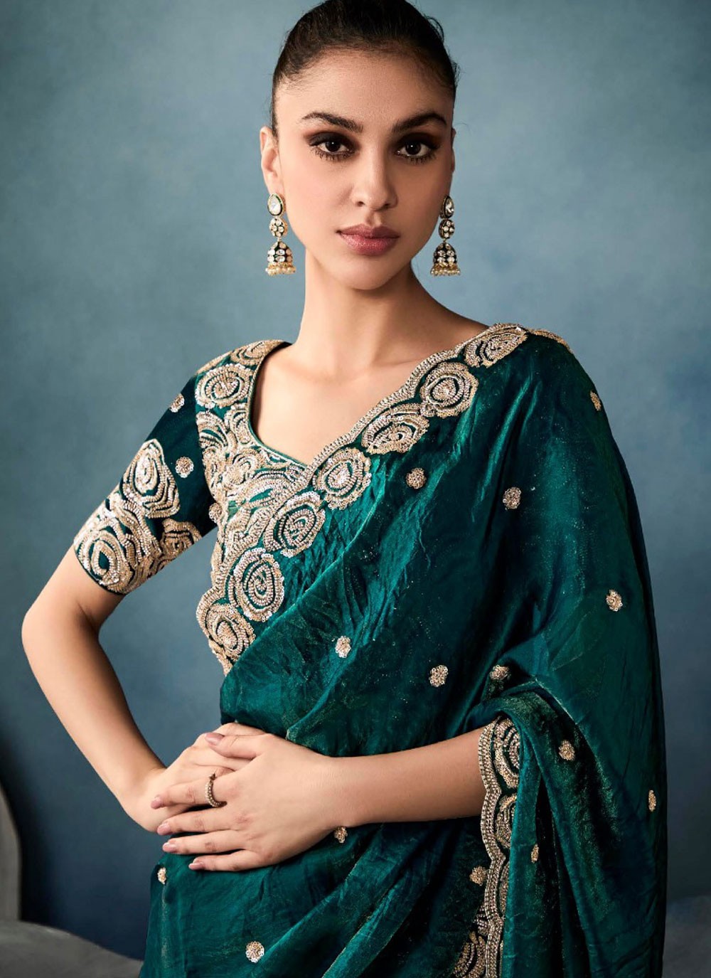 Cut Work Tissue Green Contemporary Saree S14873