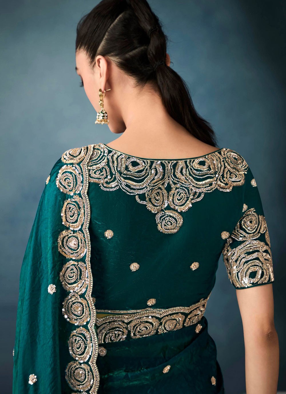 Cut Work Tissue Green Contemporary Saree S14873