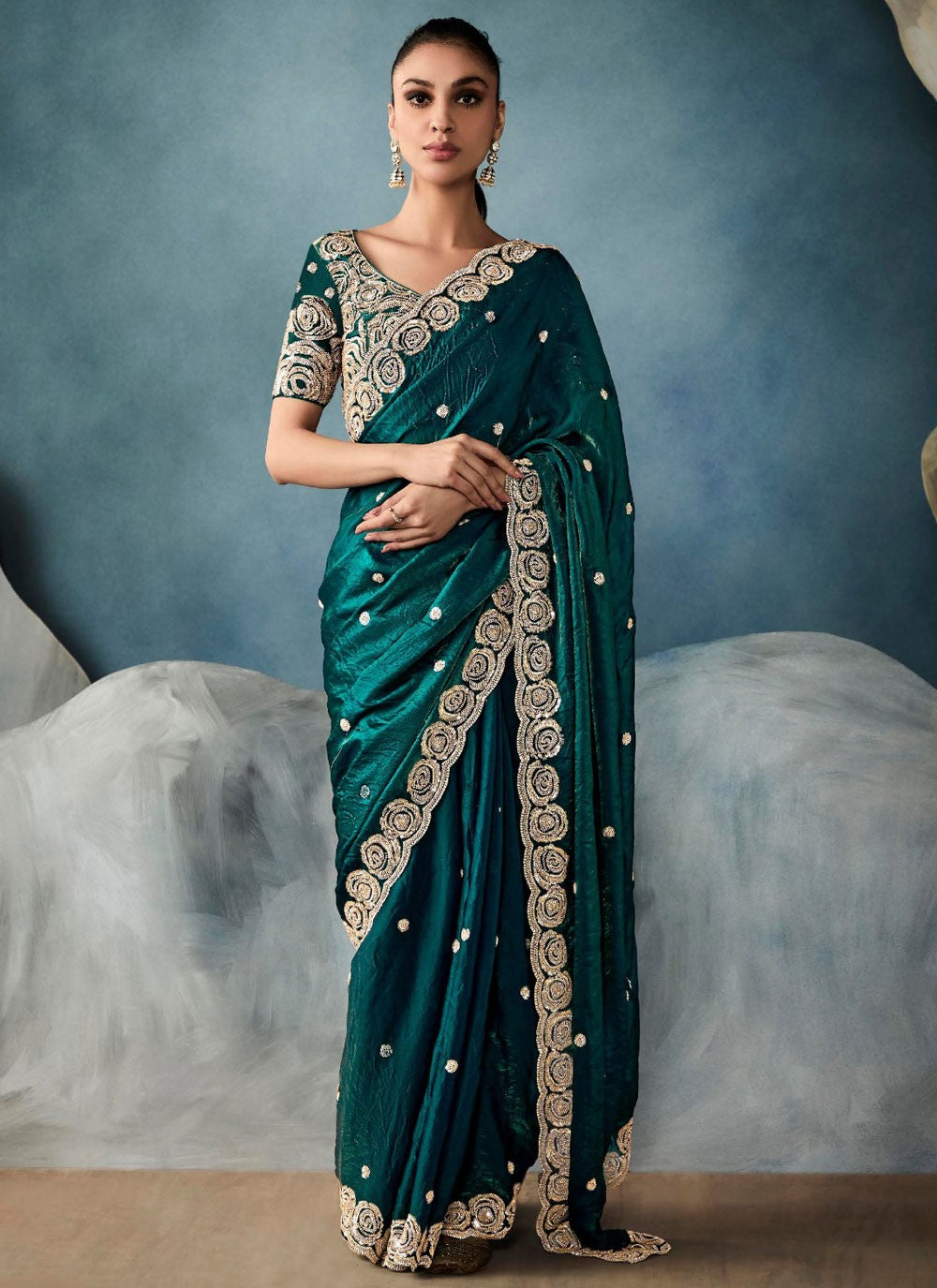 Cut Work Tissue Green Contemporary Saree S14873