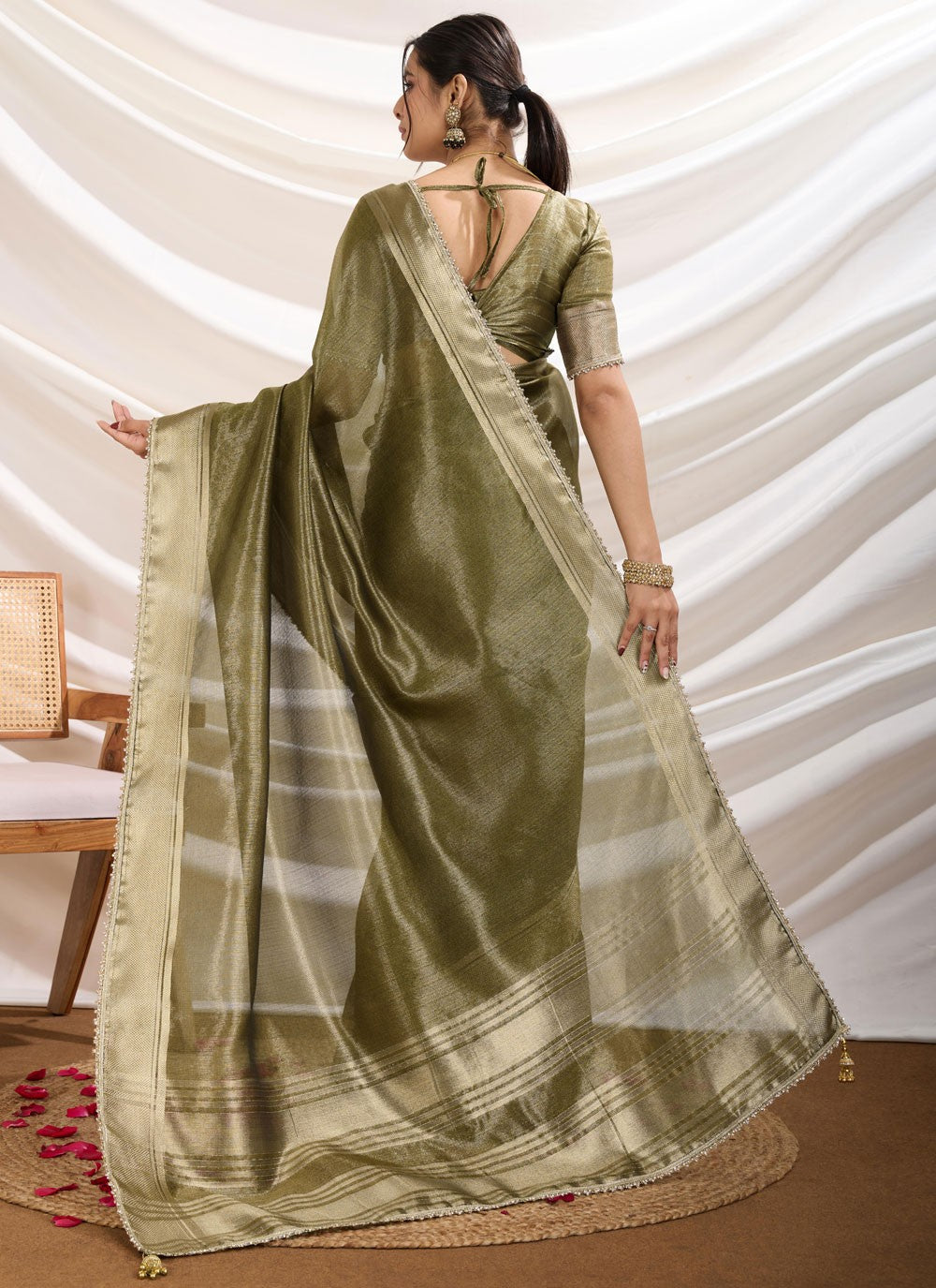 Fancy Work Linen Green Classic Saree S15370