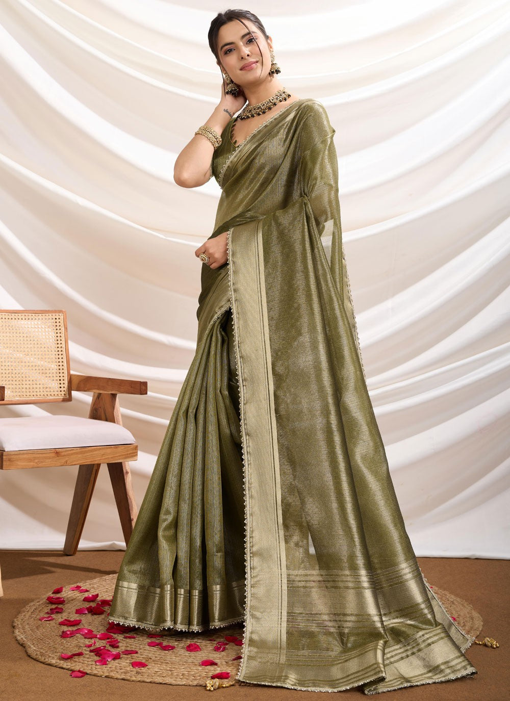 Fancy Work Linen Green Classic Saree S15370