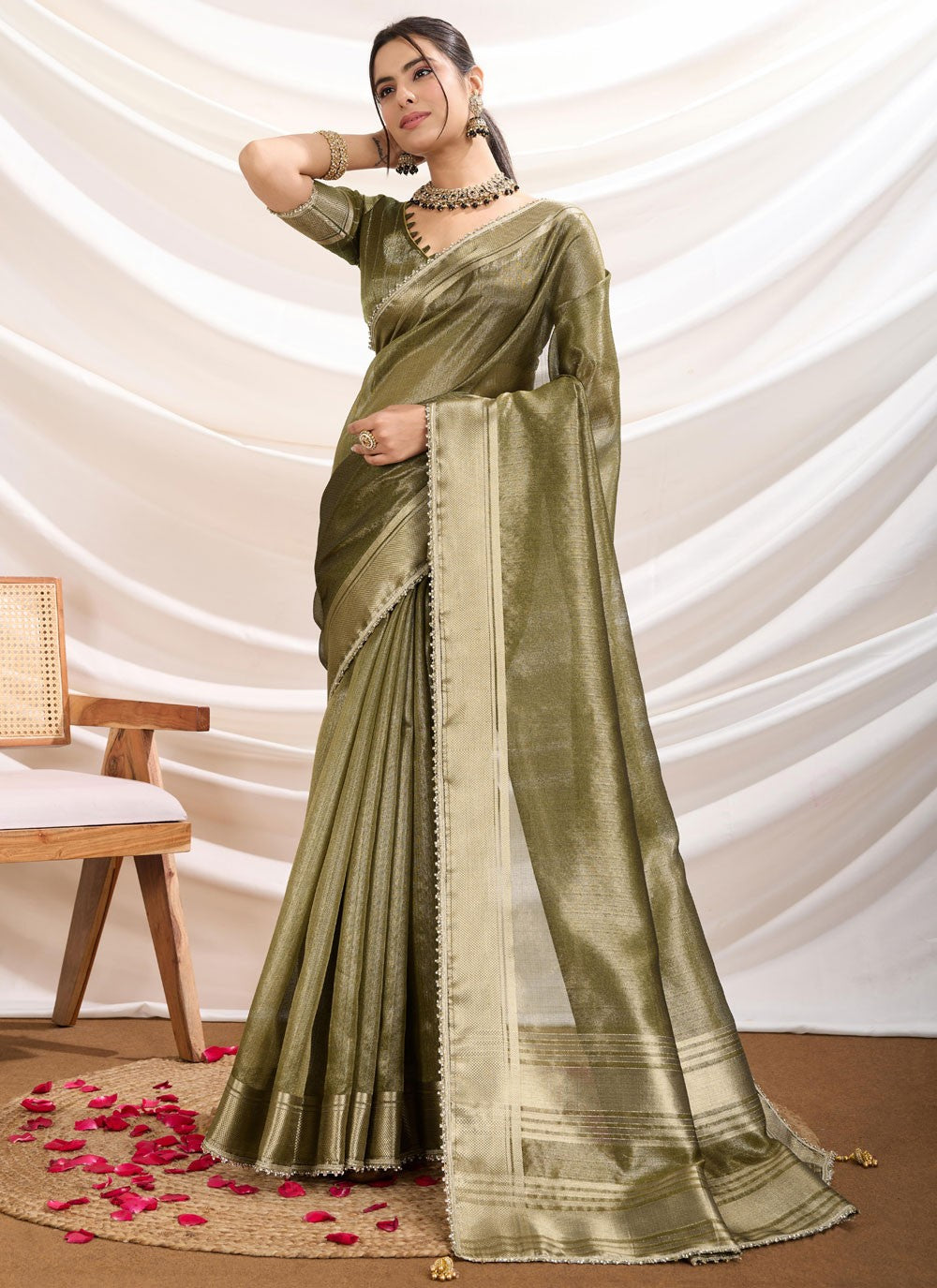Fancy Work Linen Green Classic Saree S15370