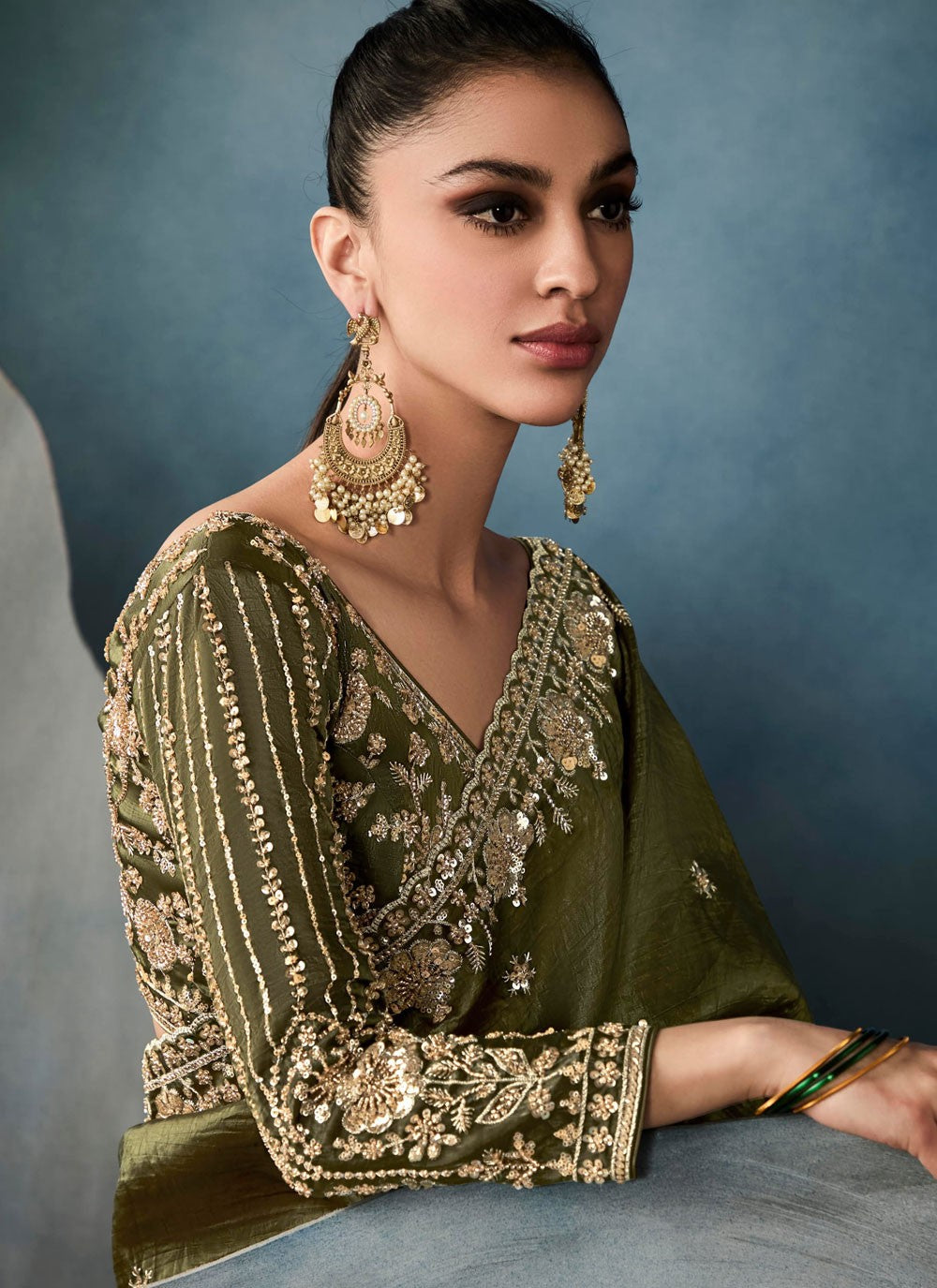 Green Tissue Contemporary Saree Embroidered, Sequins, Zari S19852
