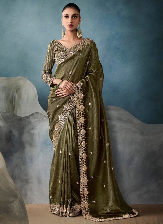 Green Tissue Contemporary Saree Embroidered, Sequins, Zari S19852