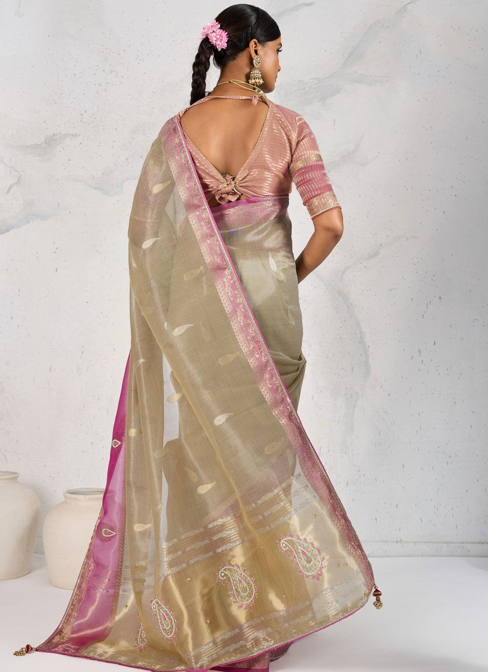 Grey Linen Classic Saree Buttis, Cutdana, Woven, Zardosi, Zari S17573
