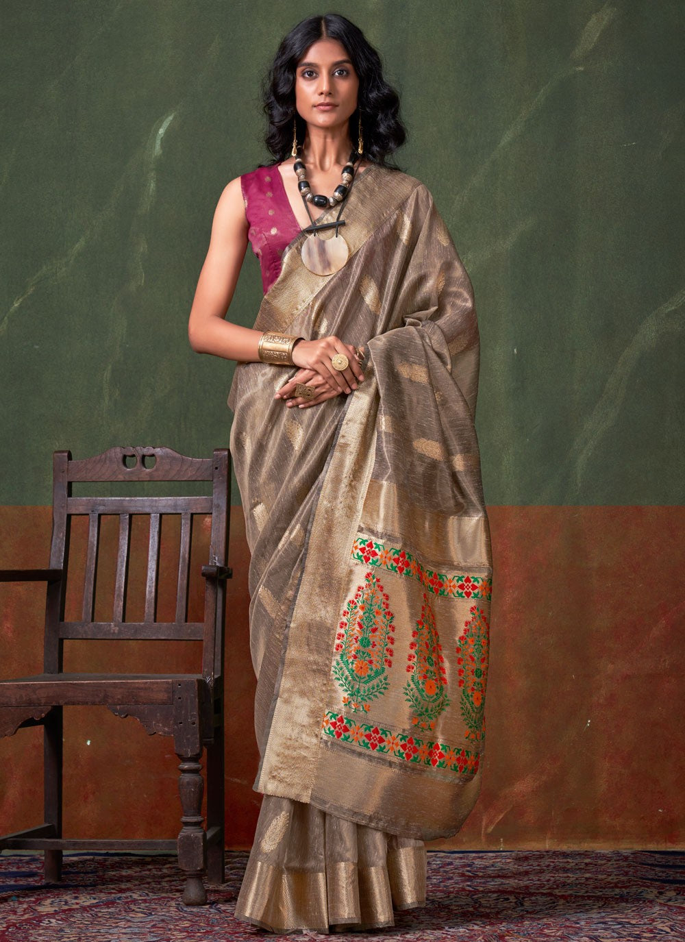 Weaving Zari Silk Grey Saree S14085