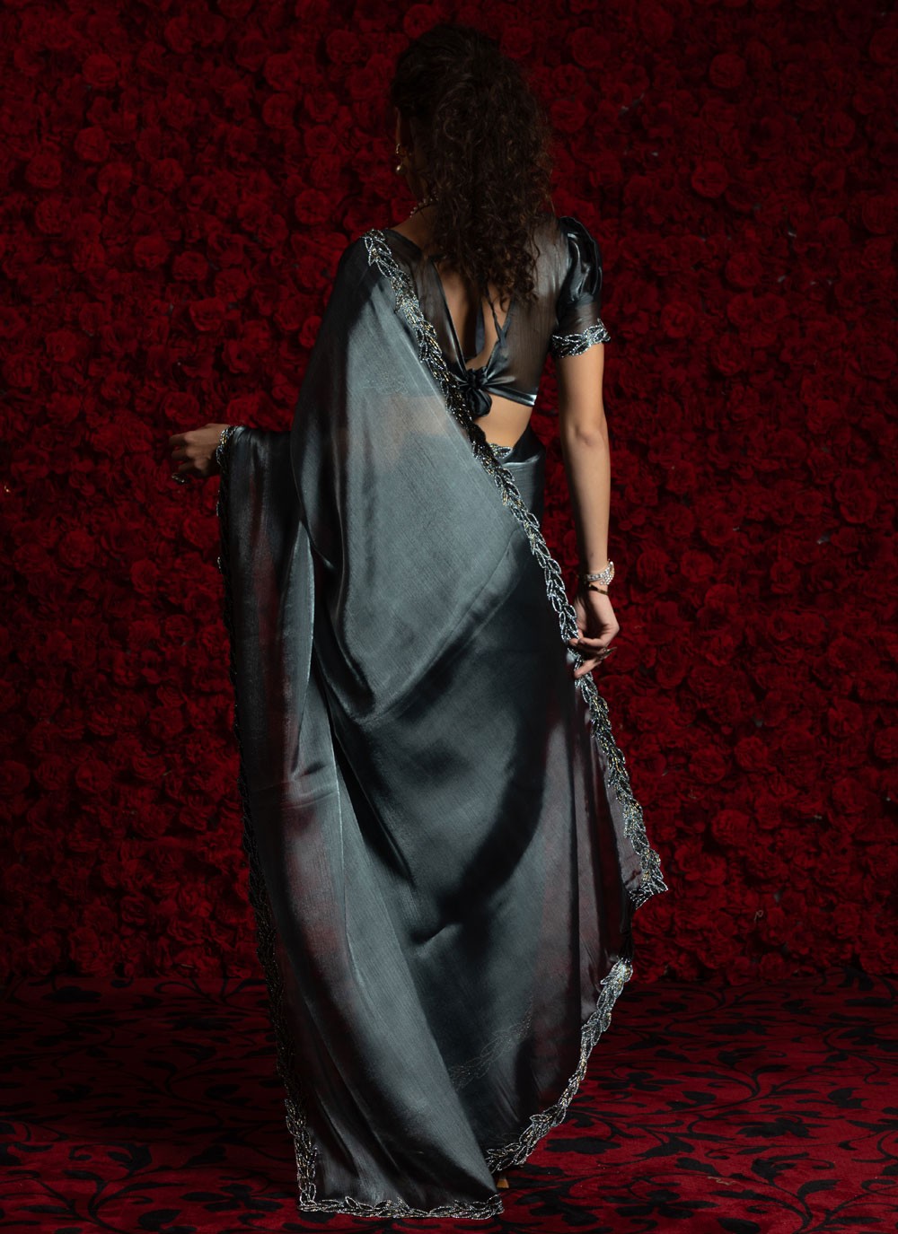 Grey Chiffon Traditional Saree Hand Embroidery, Zircon S17802