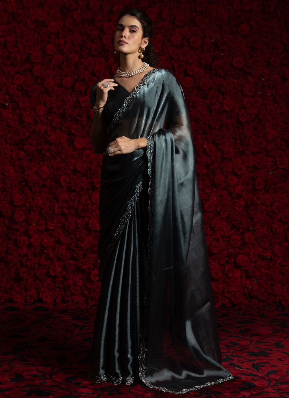 Grey Chiffon Traditional Saree Hand Embroidery, Zircon S17802